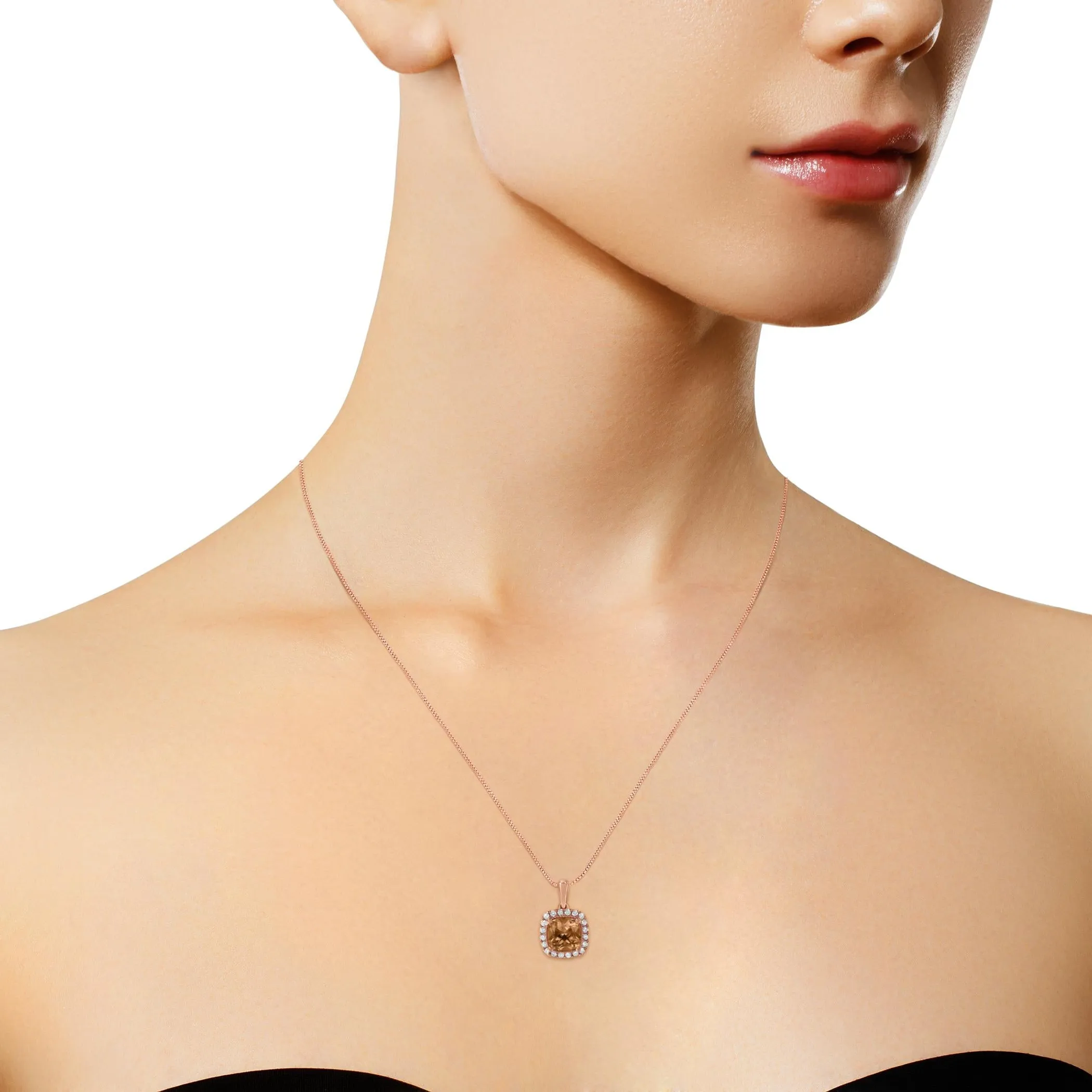 10K Rose Gold 1/4ct Diamond and 8MM Peach Morganite Gemstone Square Pendant (H-I, I1-I2)