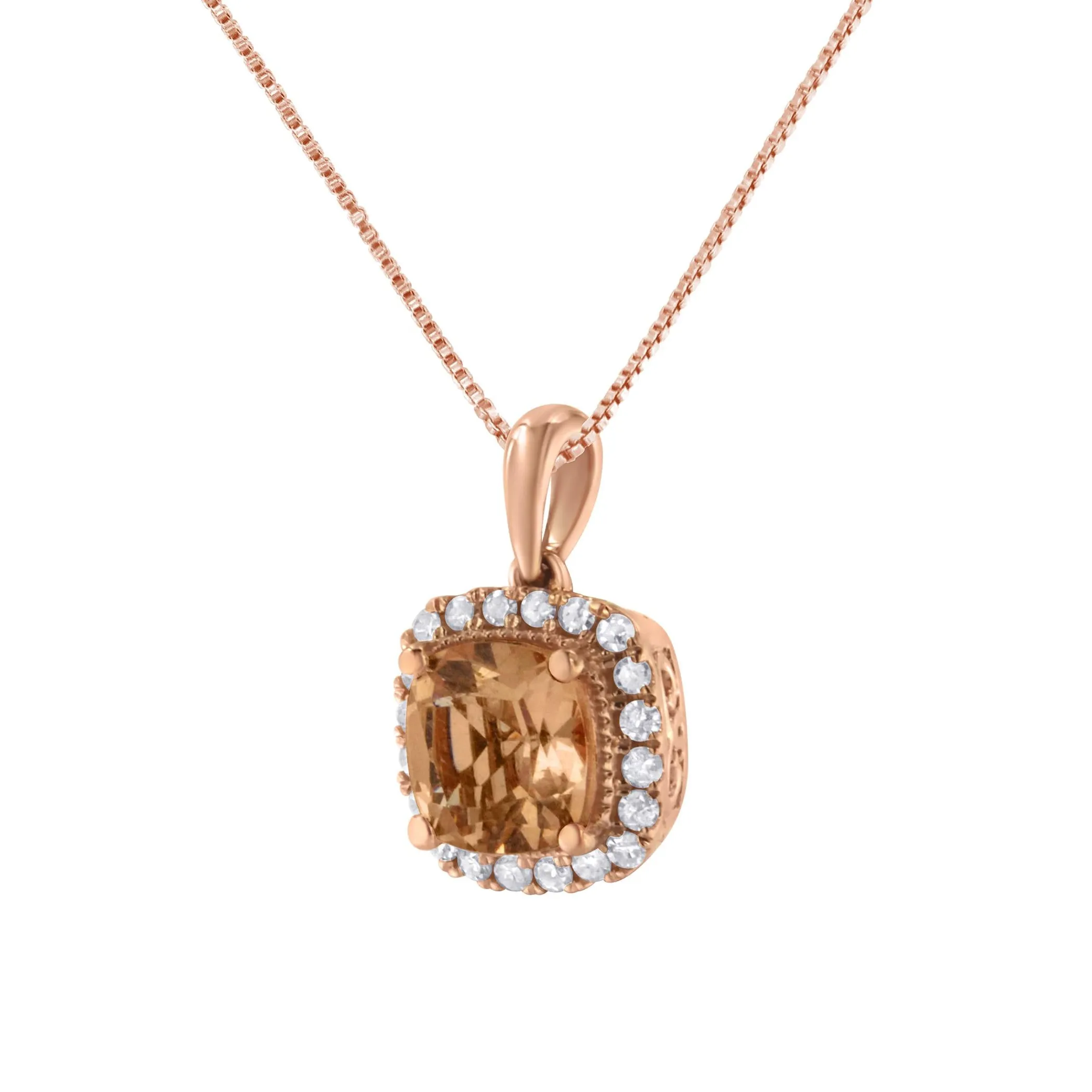 10K Rose Gold 1/4ct Diamond and 8MM Peach Morganite Gemstone Square Pendant (H-I, I1-I2)