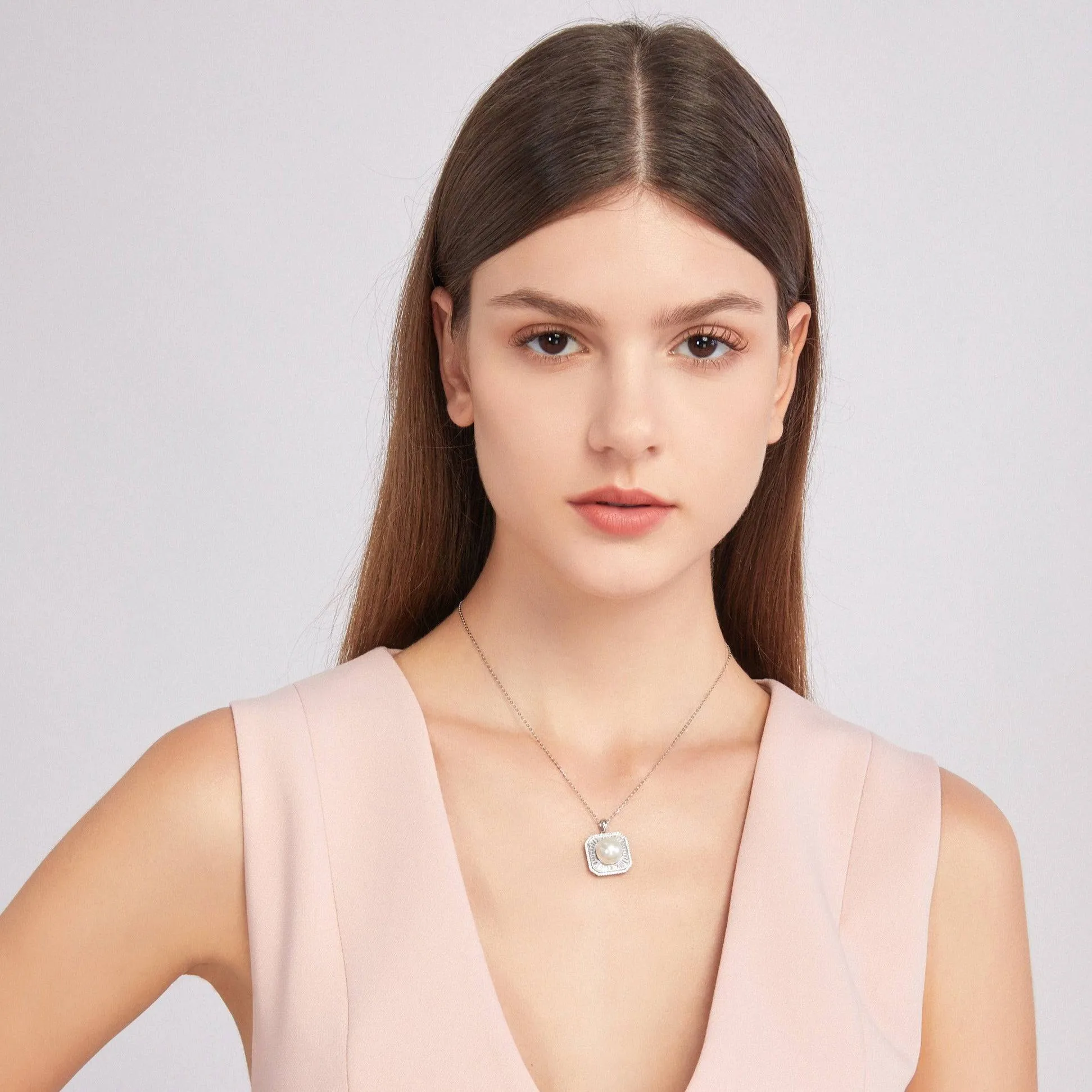 11-12mm Freshwater Pearl & Square CZ Pendant Necklace