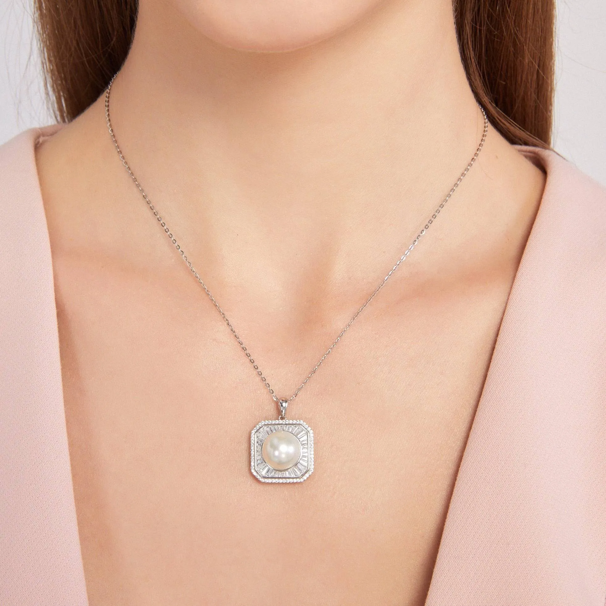 11-12mm Freshwater Pearl & Square CZ Pendant Necklace