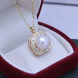 11-12mm Freshwater Pearl & Square CZ Pendant Necklace