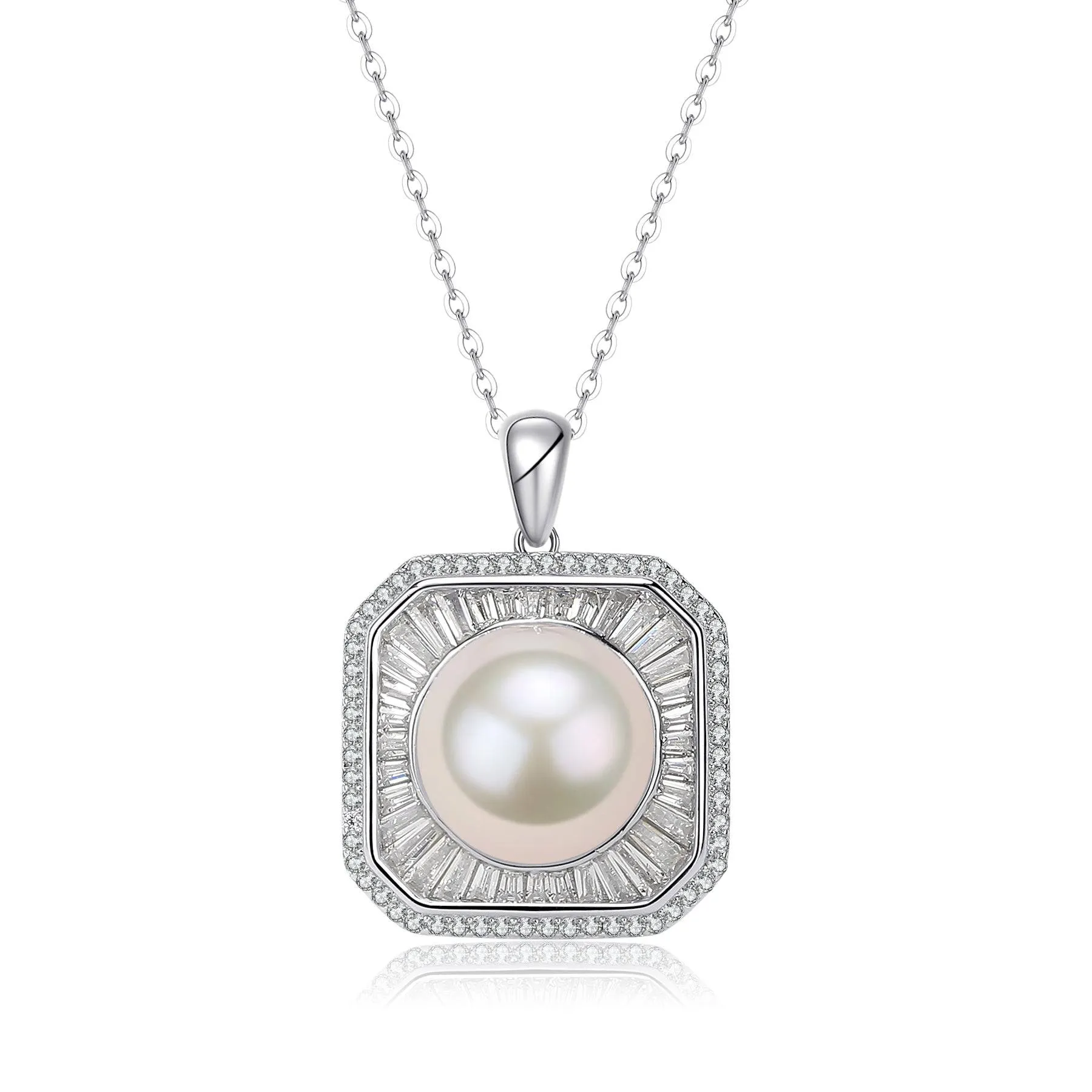 11-12mm Freshwater Pearl & Square CZ Pendant Necklace