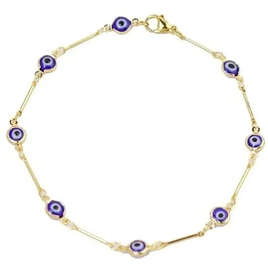 18k Gold Plated Bar Style Blue Evil Eye Crystal Anklet