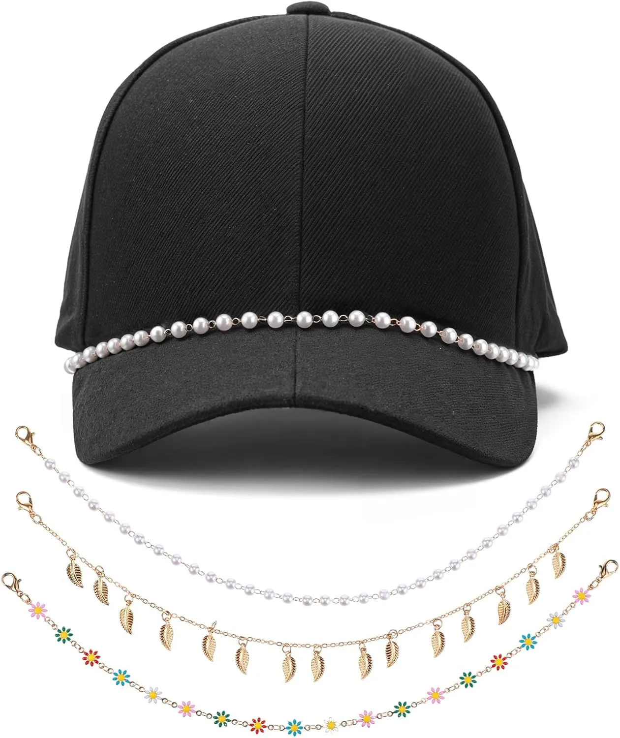 3pcs Trucker Hat Chains Decorative Trucker Hat Metal Pearl Hat Chains Hat Chains for Women Hat Charms DIY for Mesh Baseball Cap Netback Cap Trucker Hat