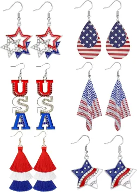 6 Pairs 4th of July Accessories for Women American Flag Earrings USA Drop Earrings Fourth 4th of July Outfits for Women Patriotic earring Party Favors Red White Blue Decorations