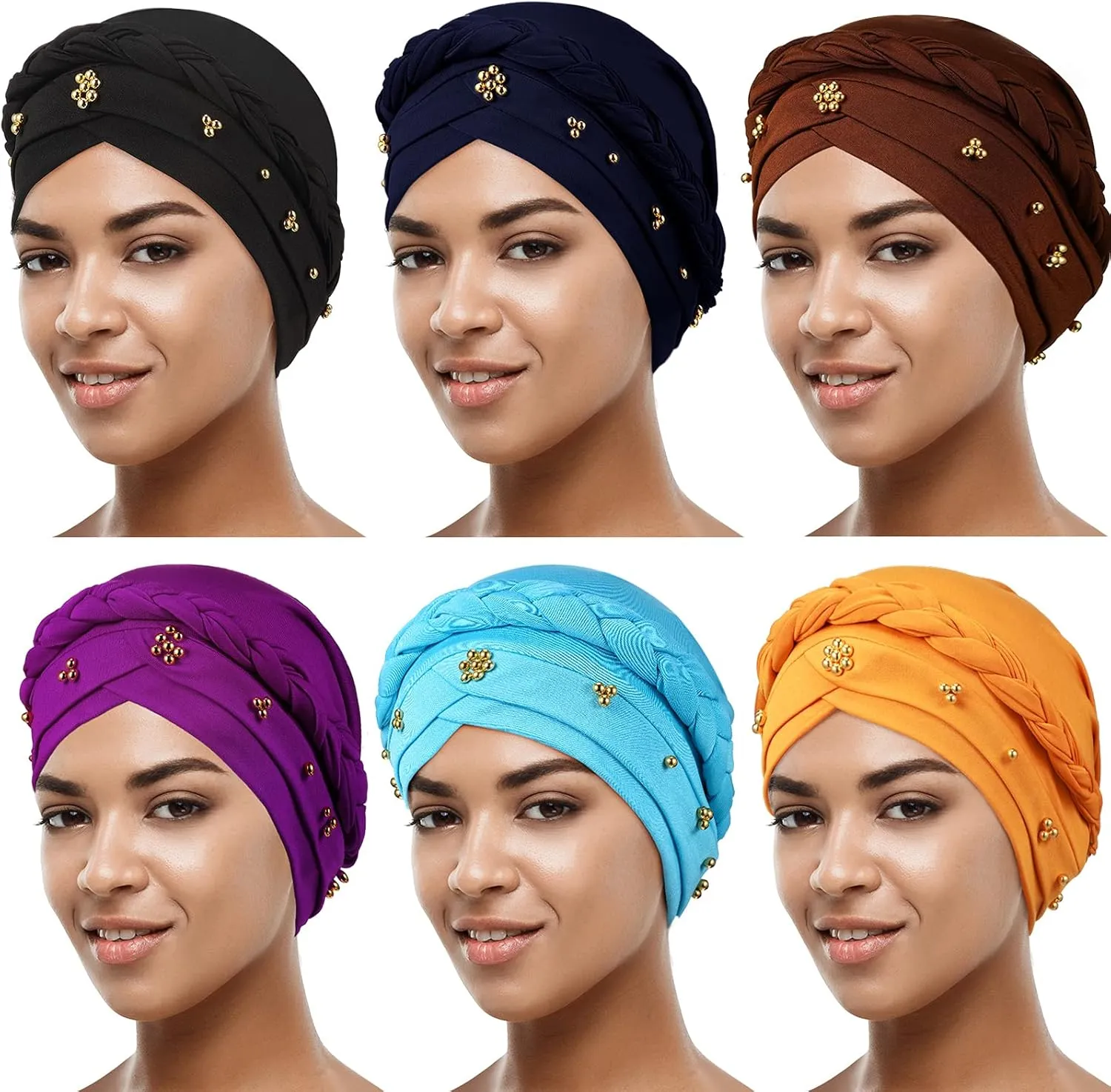 6 Pieces Turbans for Women Turban Head Wraps for African Black Women Headscarf Cap Beanie Wrap Braided