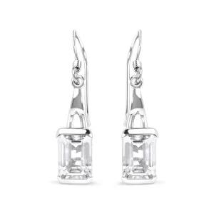 .925 Sterling Silver 3.0 Cttw Emerald Cut White Topaz Solitaire Dangle Earring - AAA Quality
