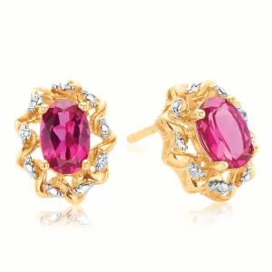 9ct Yellow Gold Oval Cut 6X4mm Created Ruby & Diamond Set  Stud Earrings