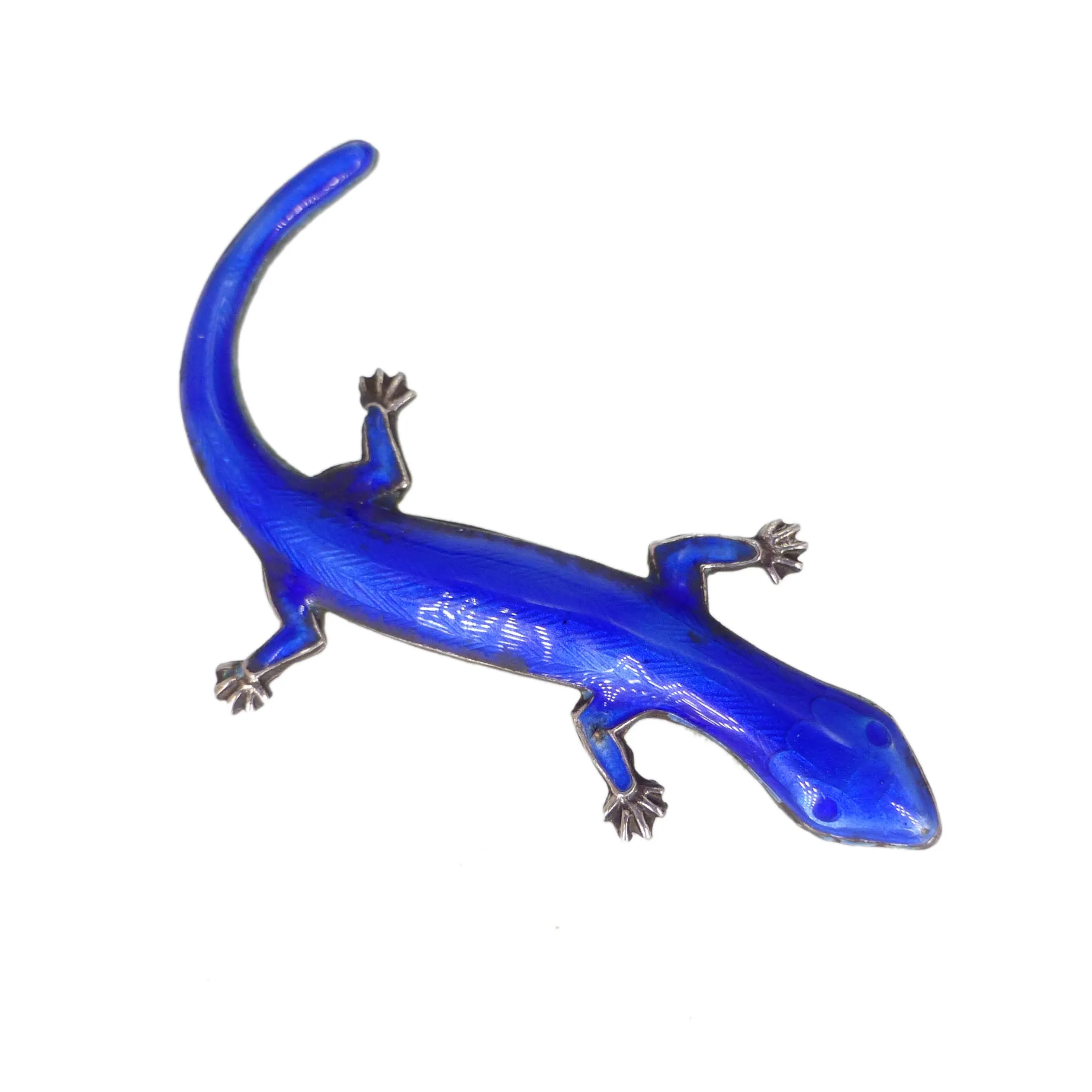 Antique Art Deco Silver Blue Enamel Lizard Brooch
