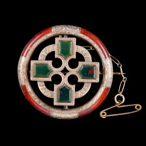 Antique Victorian Scottish 9Ct Gold Agate Celtic Brooch Circa 1880