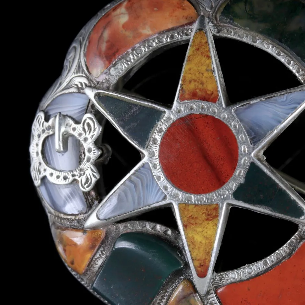 Antique Victorian Scottish Brooch Silver Agate Star Circa 1860