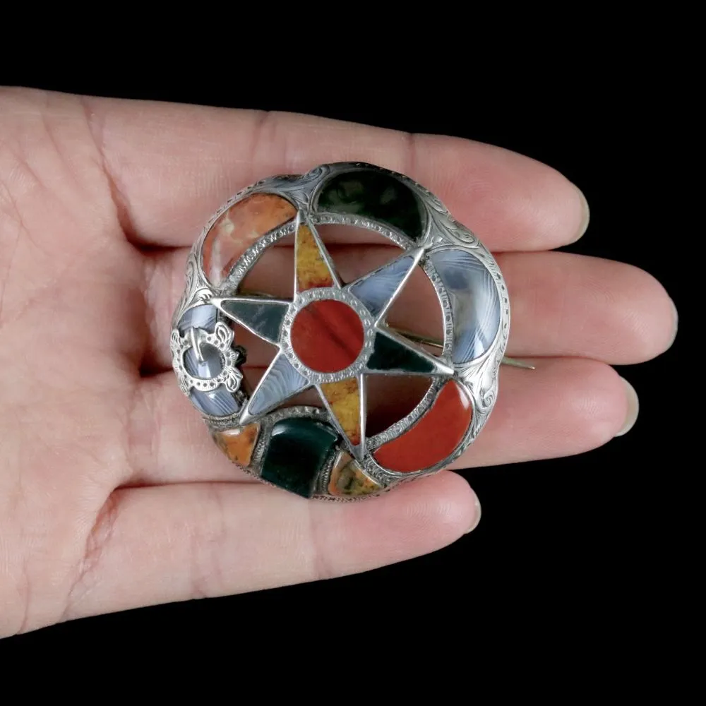 Antique Victorian Scottish Brooch Silver Agate Star Circa 1860