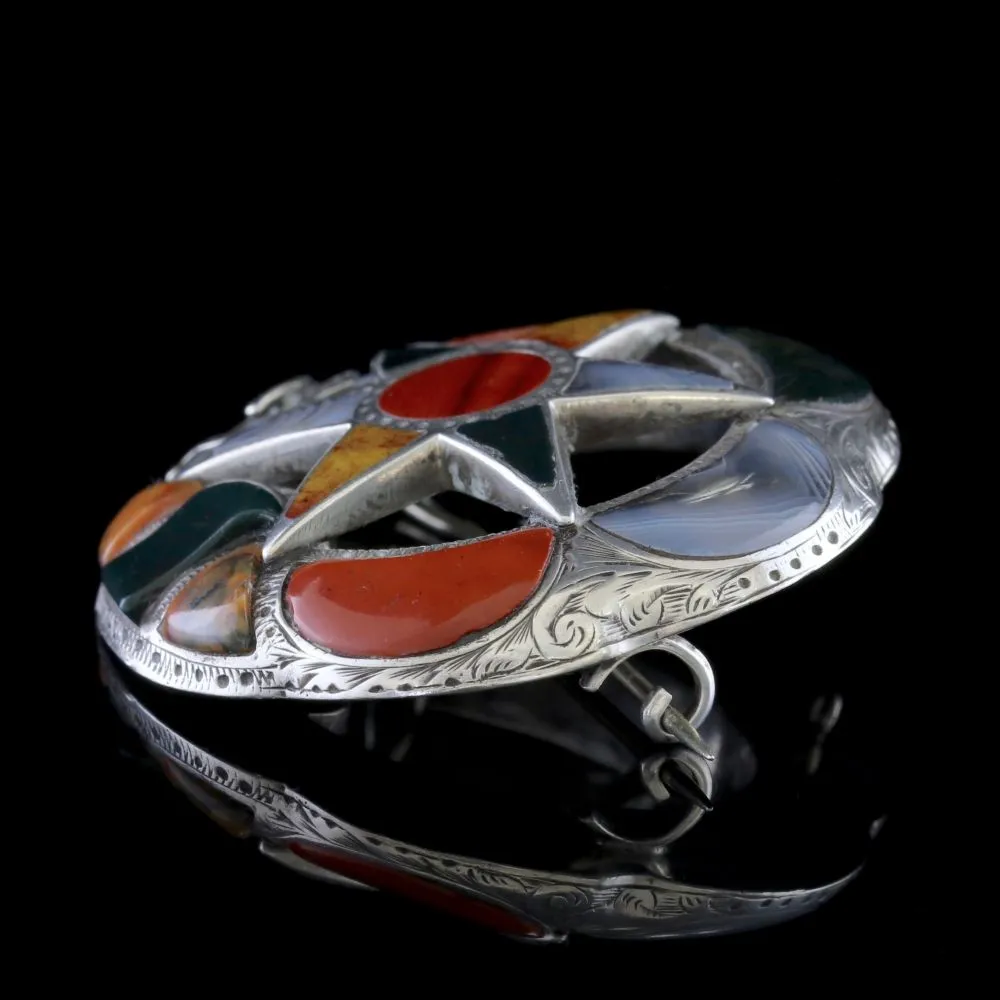 Antique Victorian Scottish Brooch Silver Agate Star Circa 1860