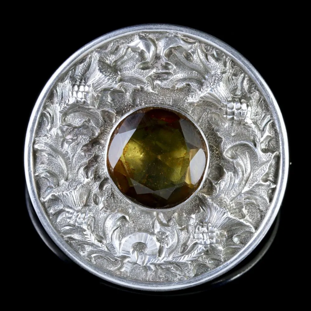 Antique Victorian Scottish Silver Thistle Citrine Brooch Circa 1890