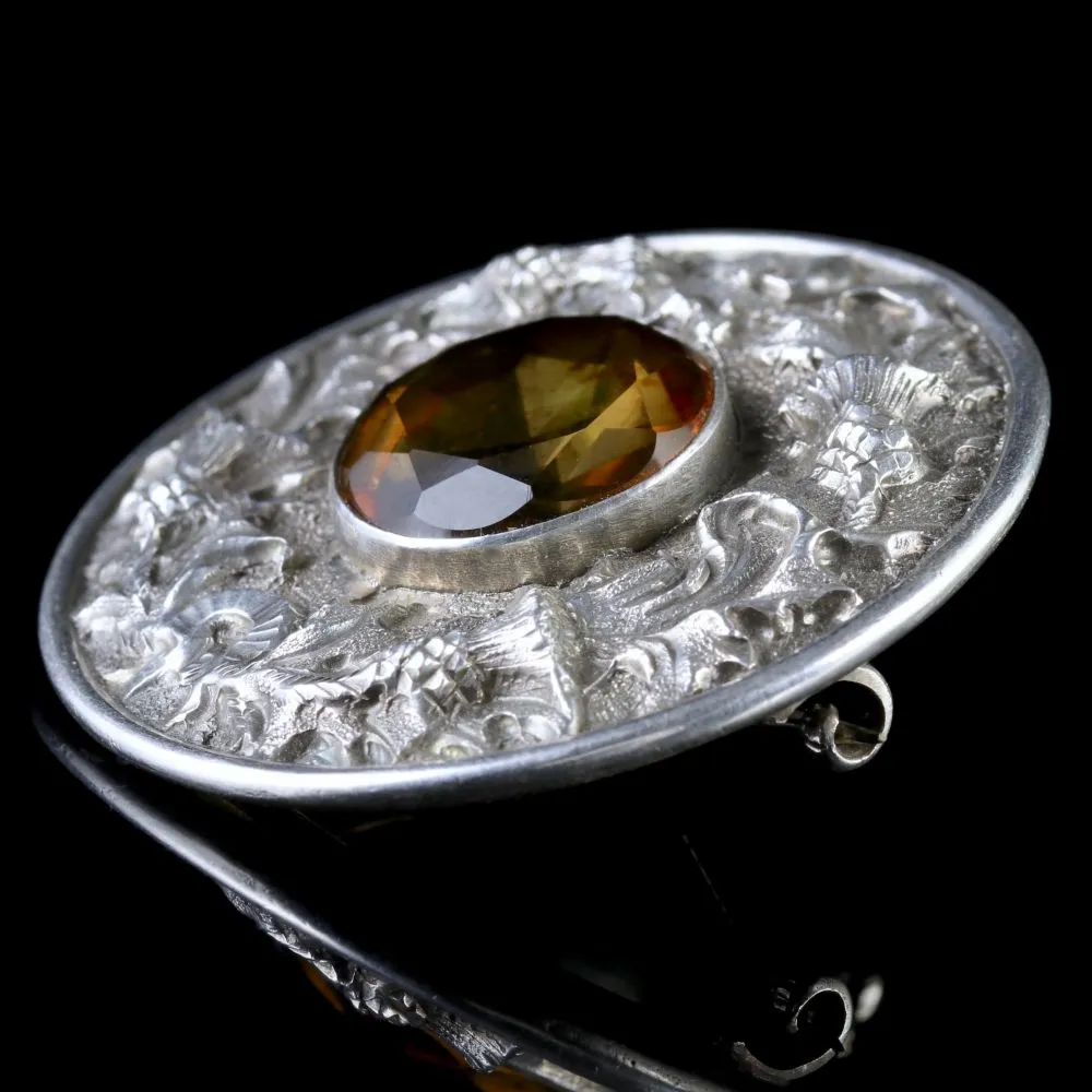 Antique Victorian Scottish Silver Thistle Citrine Brooch Circa 1890