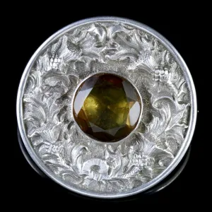 Antique Victorian Scottish Silver Thistle Citrine Brooch Circa 1890