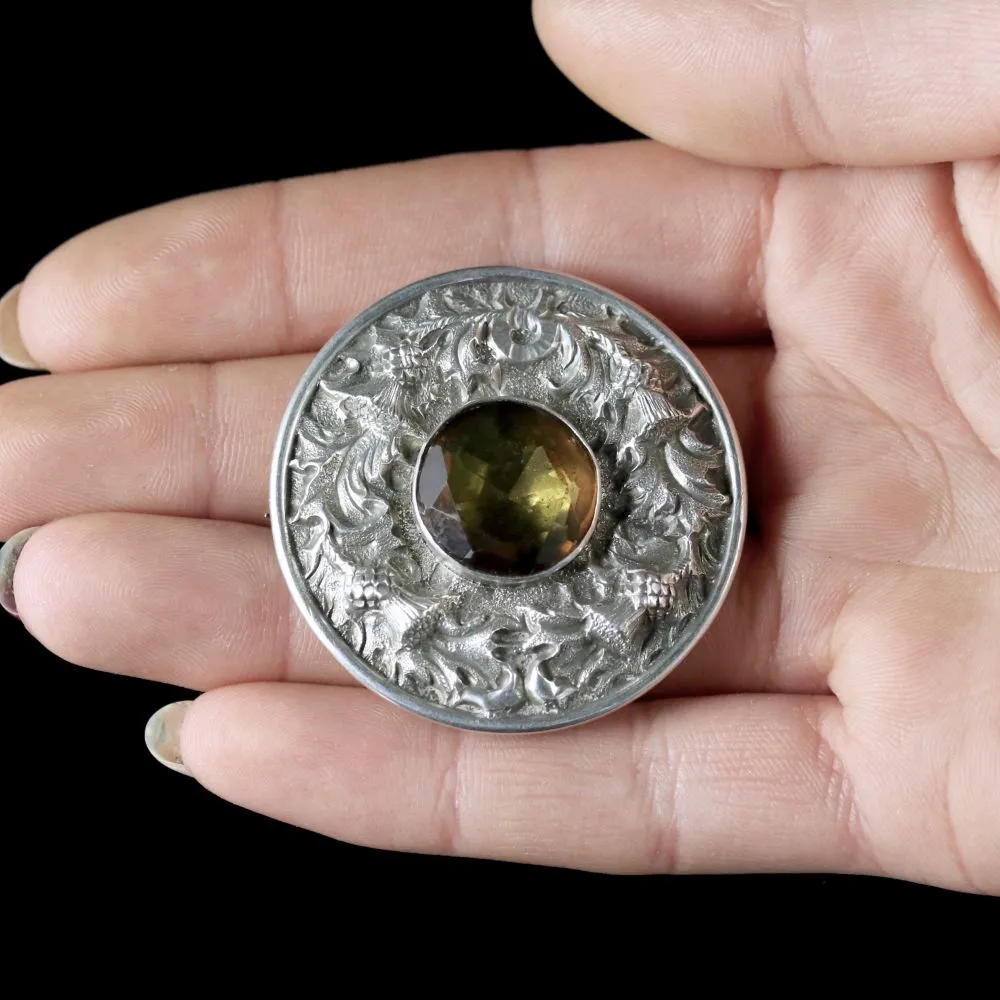 Antique Victorian Scottish Silver Thistle Citrine Brooch Circa 1890
