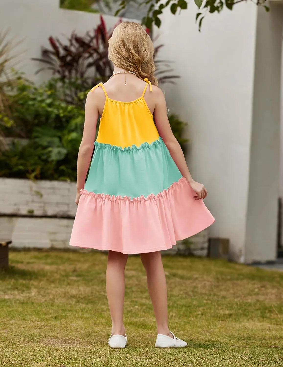 Arshiner Girl Summer Dresses Tween Boho Spaghetti Strap A-Line Swing Flowy Ruffle Tiered Sundress with Pockets