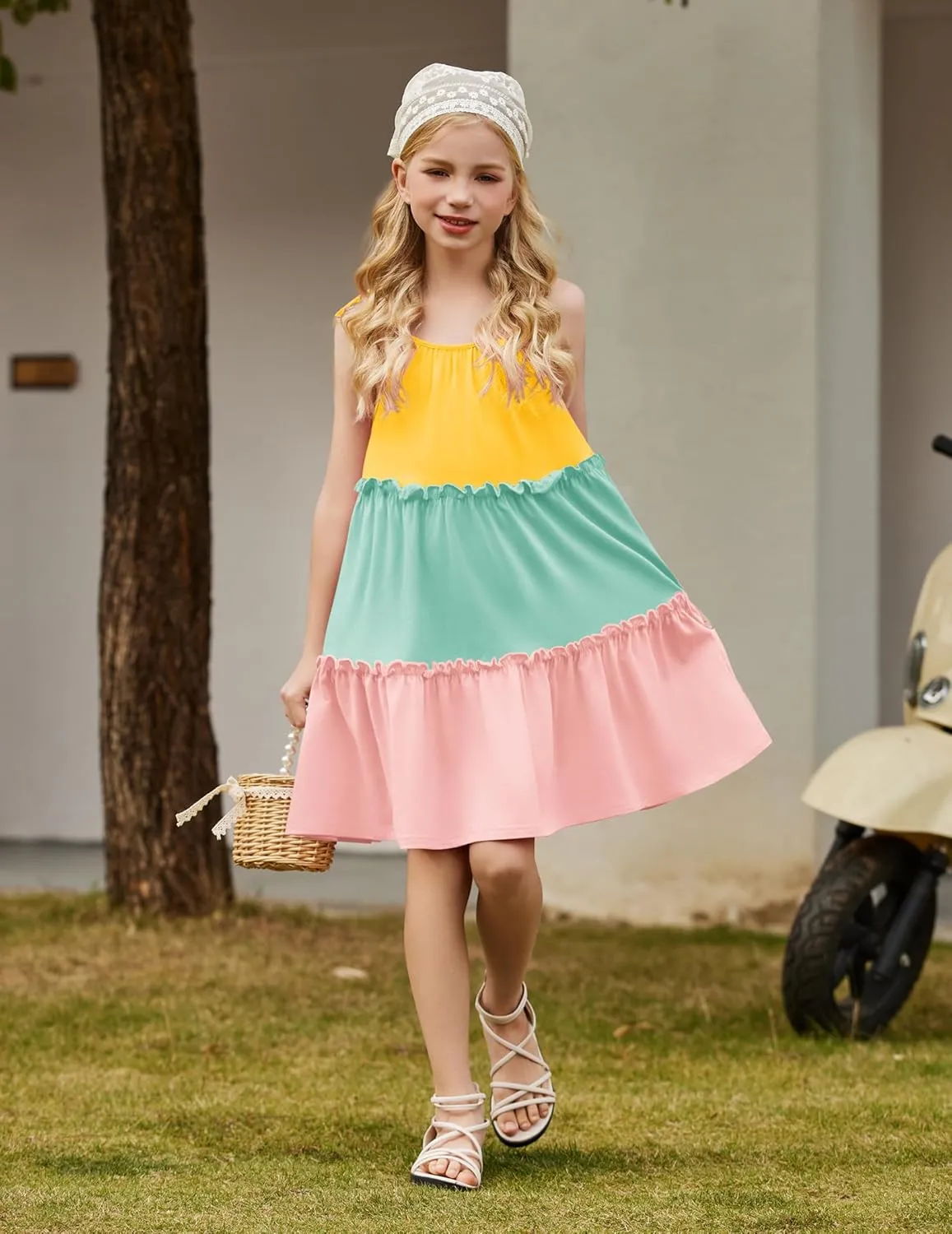 Arshiner Girl Summer Dresses Tween Boho Spaghetti Strap A-Line Swing Flowy Ruffle Tiered Sundress with Pockets