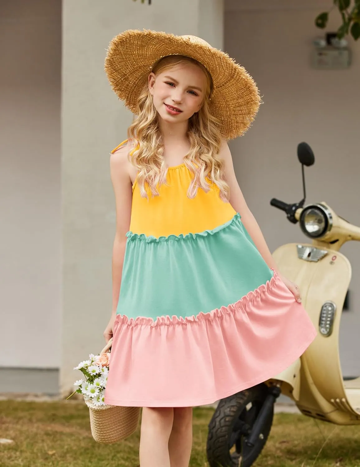 Arshiner Girl Summer Dresses Tween Boho Spaghetti Strap A-Line Swing Flowy Ruffle Tiered Sundress with Pockets