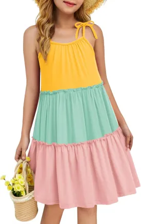 Arshiner Girl Summer Dresses Tween Boho Spaghetti Strap A-Line Swing Flowy Ruffle Tiered Sundress with Pockets