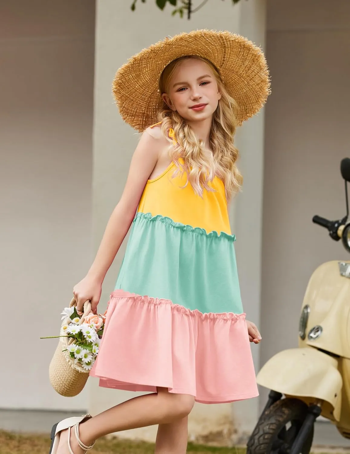 Arshiner Girl Summer Dresses Tween Boho Spaghetti Strap A-Line Swing Flowy Ruffle Tiered Sundress with Pockets