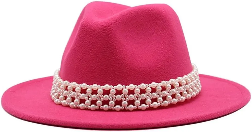 Autumn and Winter High-Grade Pearl Woolen Hat Flat Brim and Big Brim Hat Europe and America Woolen Felt Hat Fengyan Cowboy Hats (Color : Rosy, Size : 56-58cm)