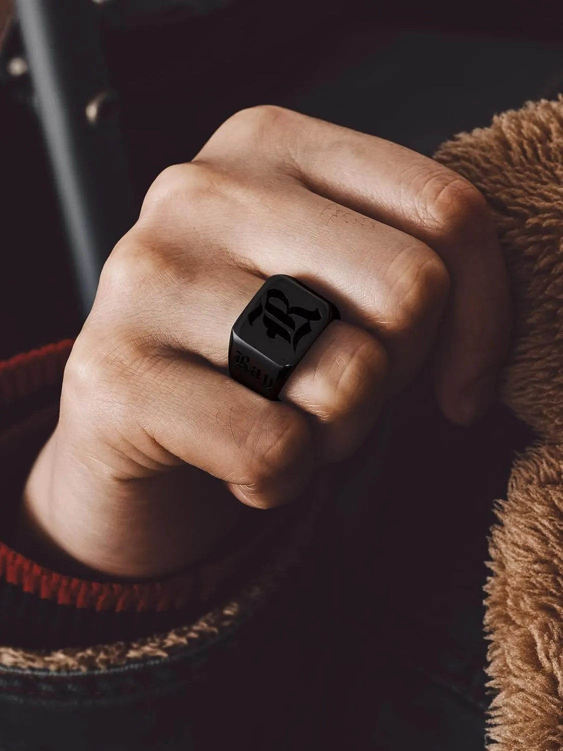 Bandmax Custom Signet Letter Stainless Steel/14K Gold Plated Black Initial Ring for Men Personalized Engraved Name Ring Gift for Father Husband Son Friend