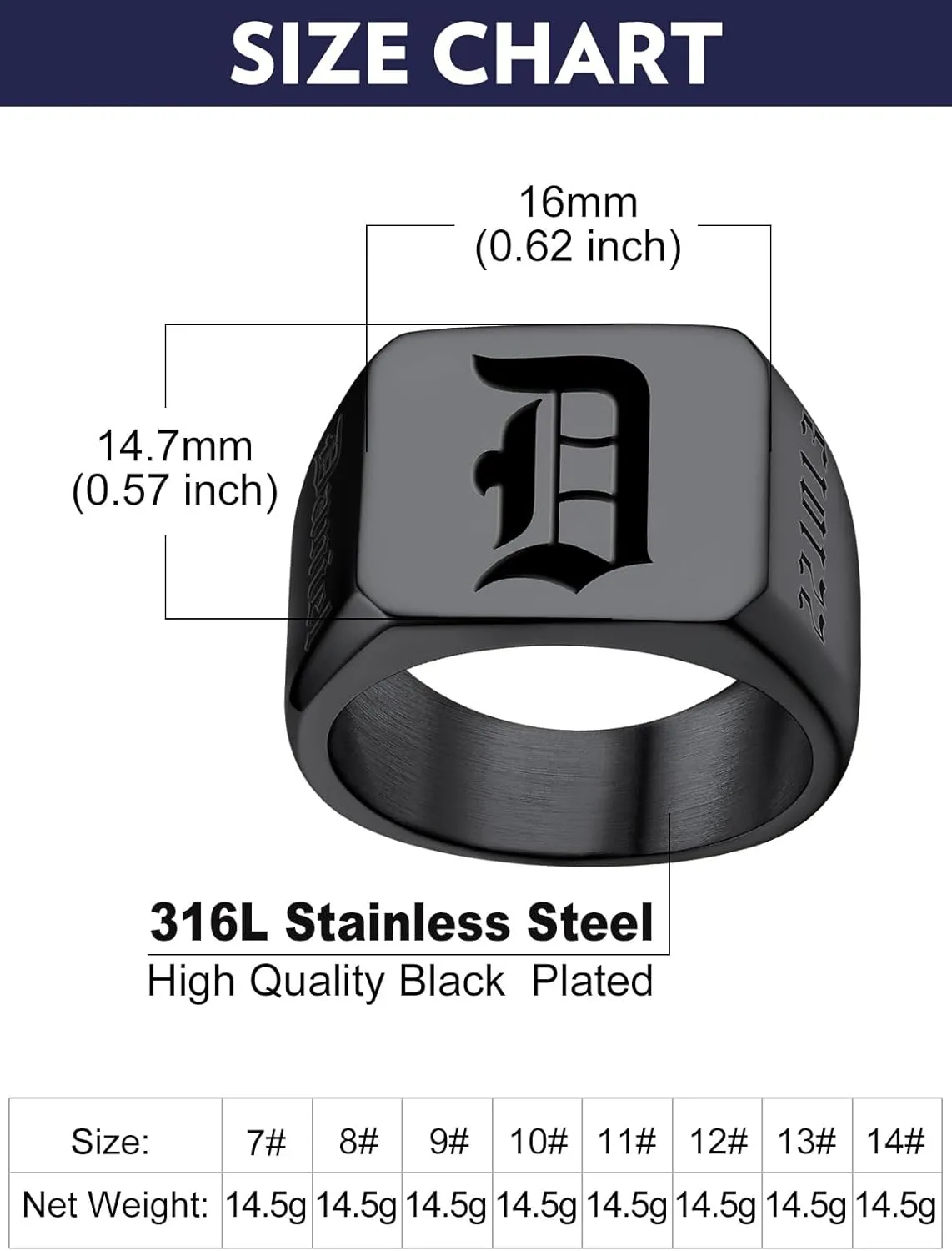 Bandmax Custom Signet Letter Stainless Steel/14K Gold Plated Black Initial Ring for Men Personalized Engraved Name Ring Gift for Father Husband Son Friend