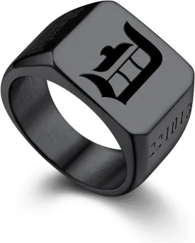 Bandmax Custom Signet Letter Stainless Steel/14K Gold Plated Black Initial Ring for Men Personalized Engraved Name Ring Gift for Father Husband Son Friend