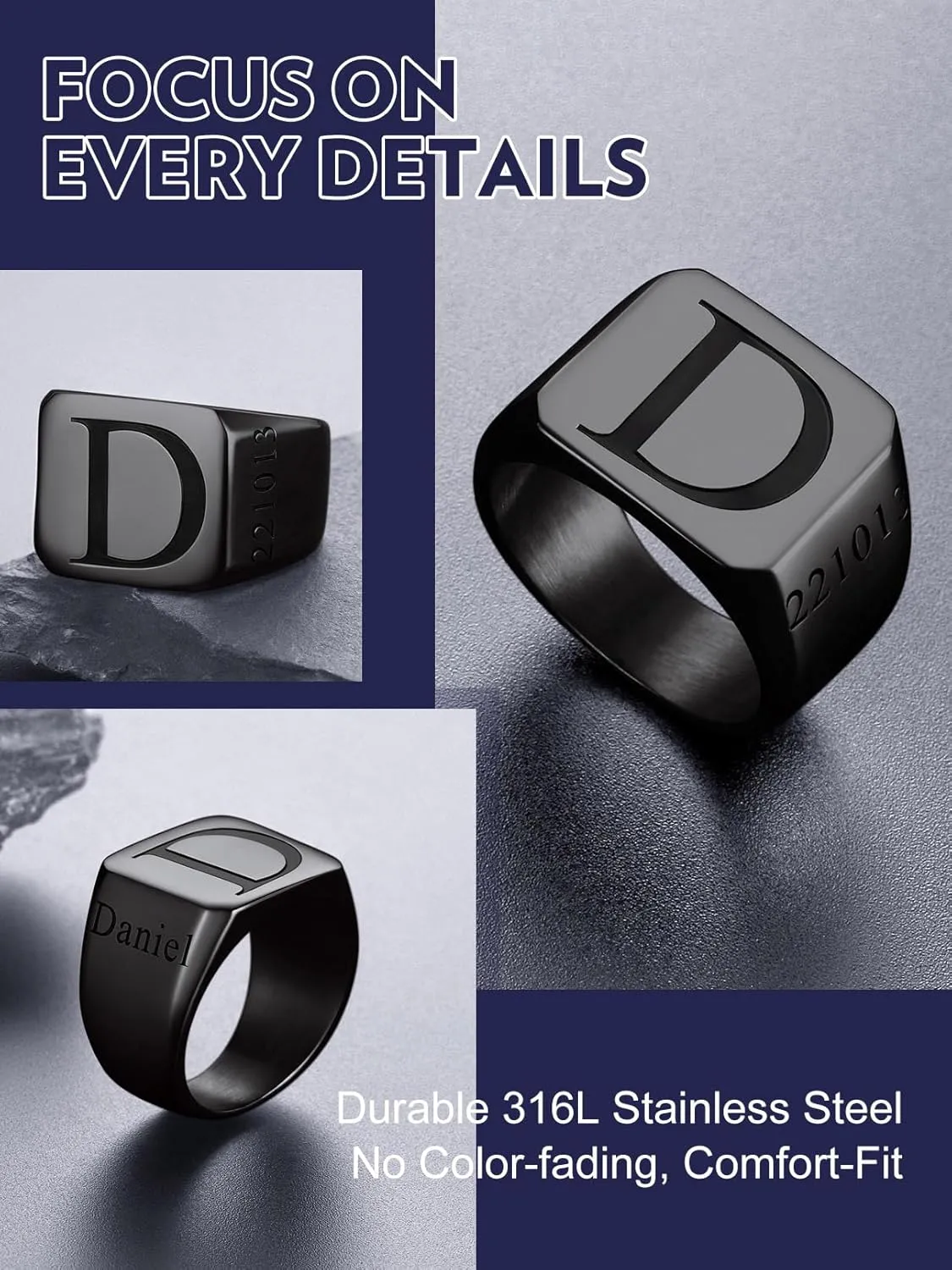 Bandmax Custom Signet Letter Stainless Steel/14K Gold Plated Black Initial Ring for Men Personalized Engraved Name Ring Gift for Father Husband Son Friend