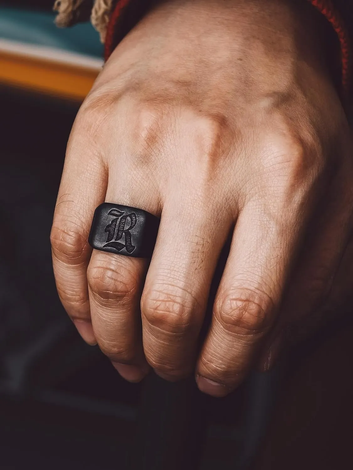 Bandmax Custom Signet Letter Stainless Steel/14K Gold Plated Black Initial Ring for Men Personalized Engraved Name Ring Gift for Father Husband Son Friend
