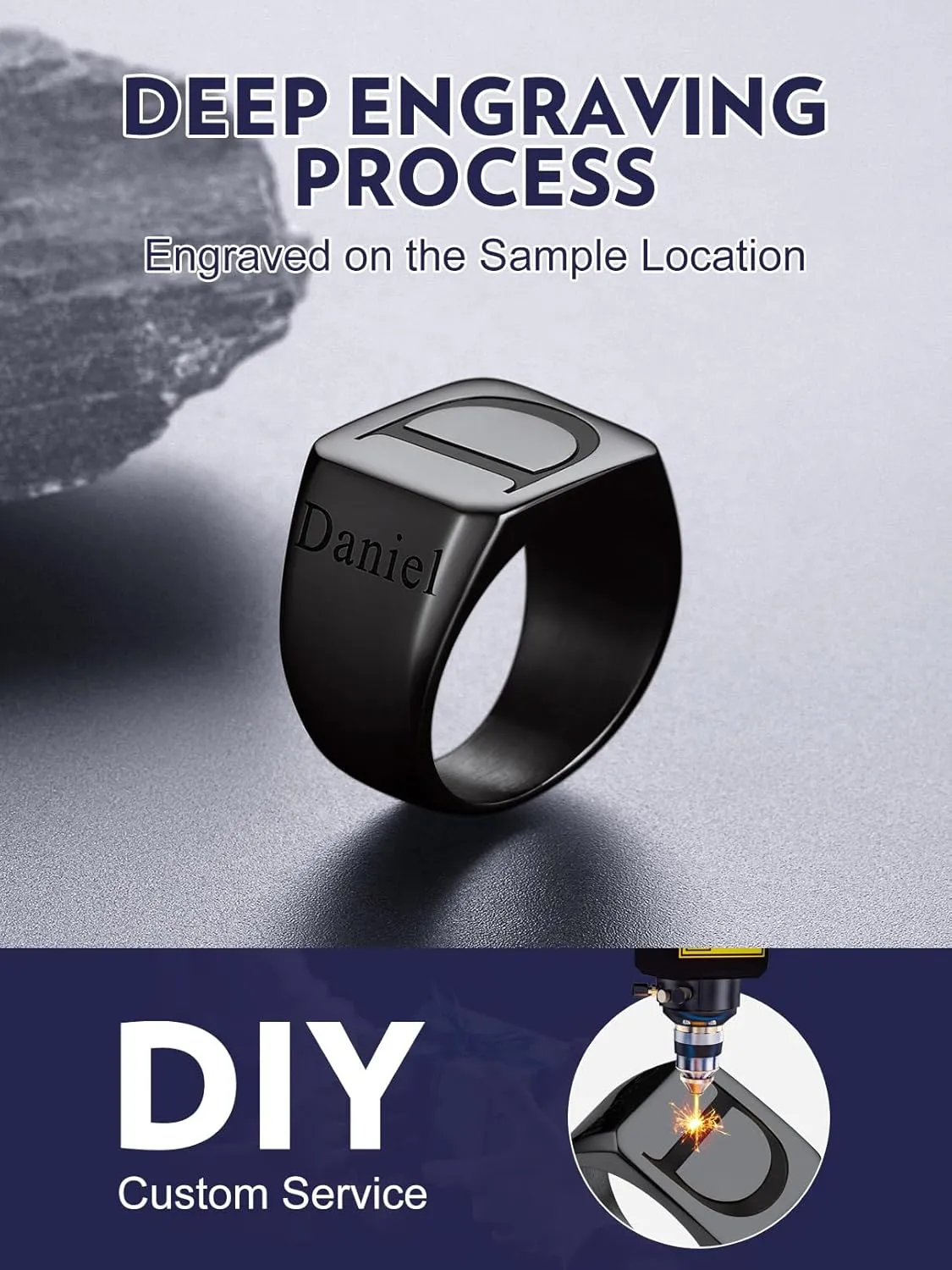 Bandmax Custom Signet Letter Stainless Steel/14K Gold Plated Black Initial Ring for Men Personalized Engraved Name Ring Gift for Father Husband Son Friend