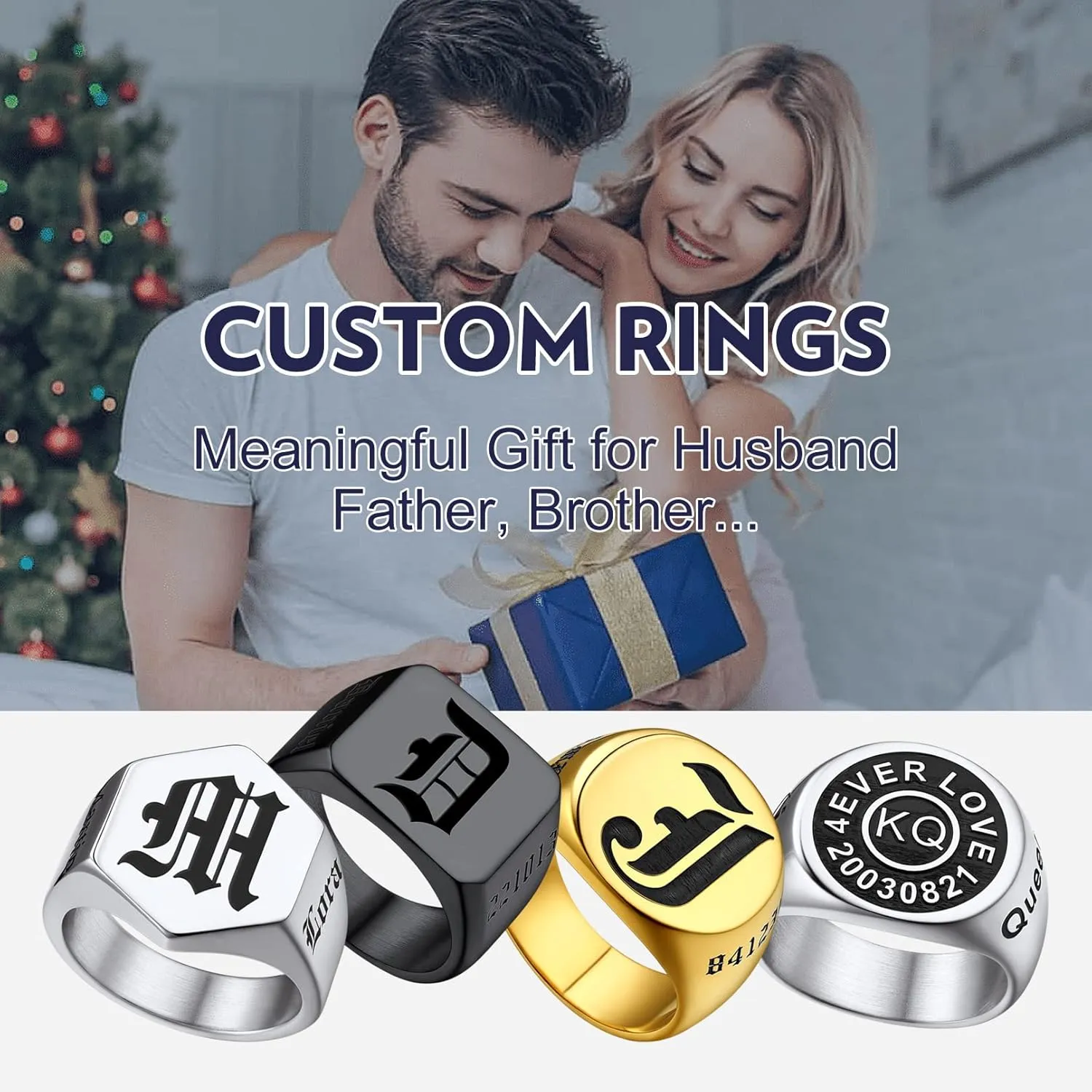 Bandmax Custom Signet Letter Stainless Steel/14K Gold Plated Black Initial Ring for Men Personalized Engraved Name Ring Gift for Father Husband Son Friend