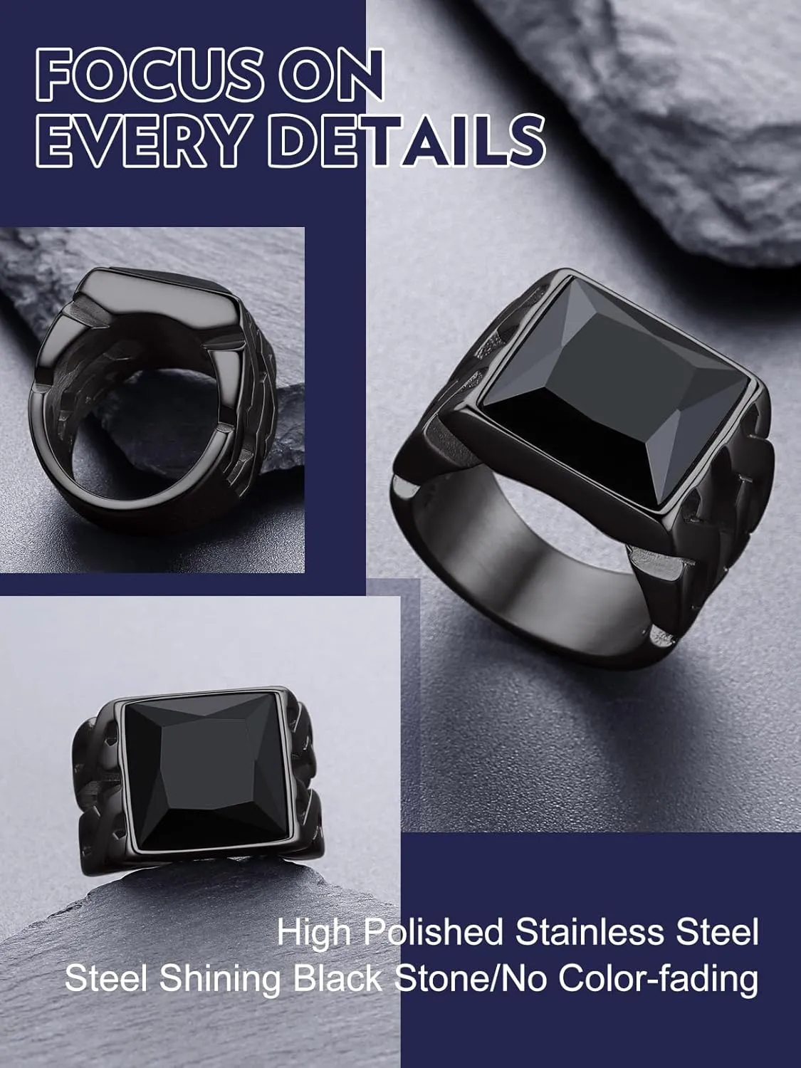 Bandmax Gemstone Signet Rings for Men, Stainless Steel Fancy Cut Cubic Zirconia Rings Blue Topaz/Emerald/Black Onyx/Ruby Ring Statement Ring Wedding Ring Size 7-14