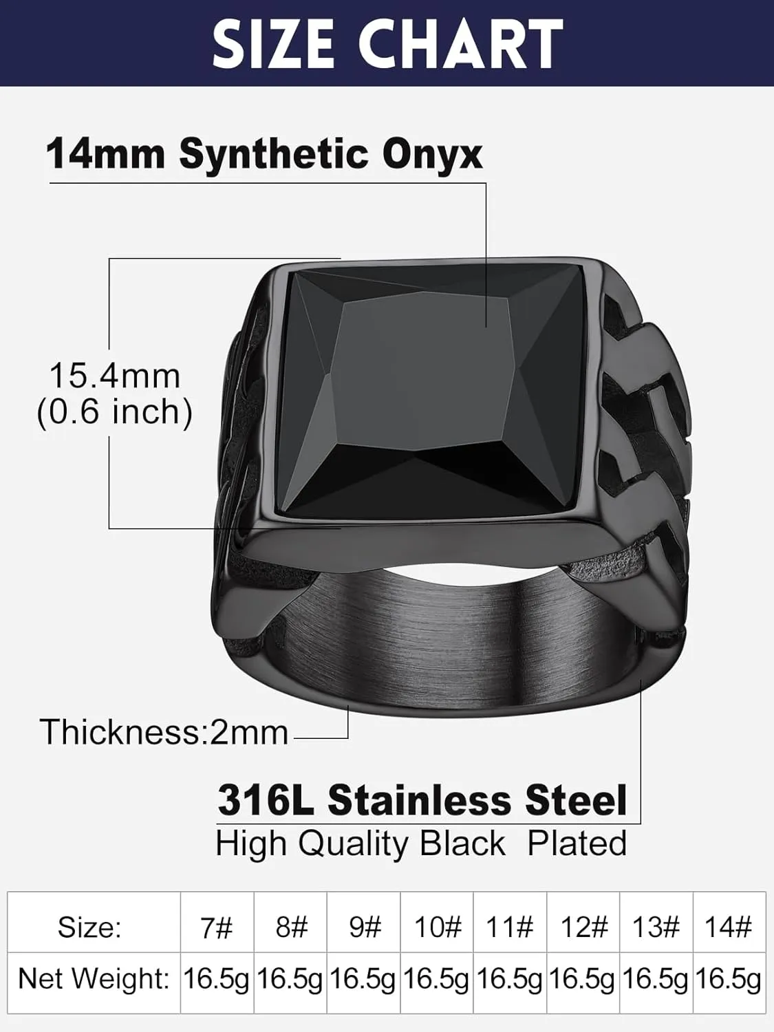 Bandmax Gemstone Signet Rings for Men, Stainless Steel Fancy Cut Cubic Zirconia Rings Blue Topaz/Emerald/Black Onyx/Ruby Ring Statement Ring Wedding Ring Size 7-14