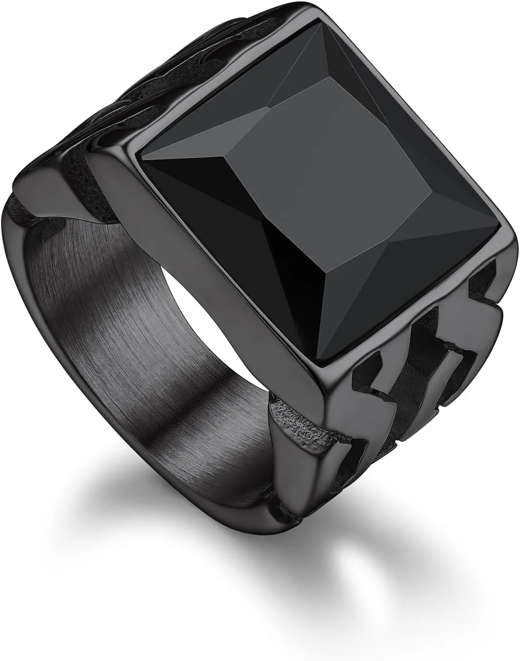 Bandmax Gemstone Signet Rings for Men, Stainless Steel Fancy Cut Cubic Zirconia Rings Blue Topaz/Emerald/Black Onyx/Ruby Ring Statement Ring Wedding Ring Size 7-14
