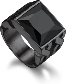 Bandmax Gemstone Signet Rings for Men, Stainless Steel Fancy Cut Cubic Zirconia Rings Blue Topaz/Emerald/Black Onyx/Ruby Ring Statement Ring Wedding Ring Size 7-14