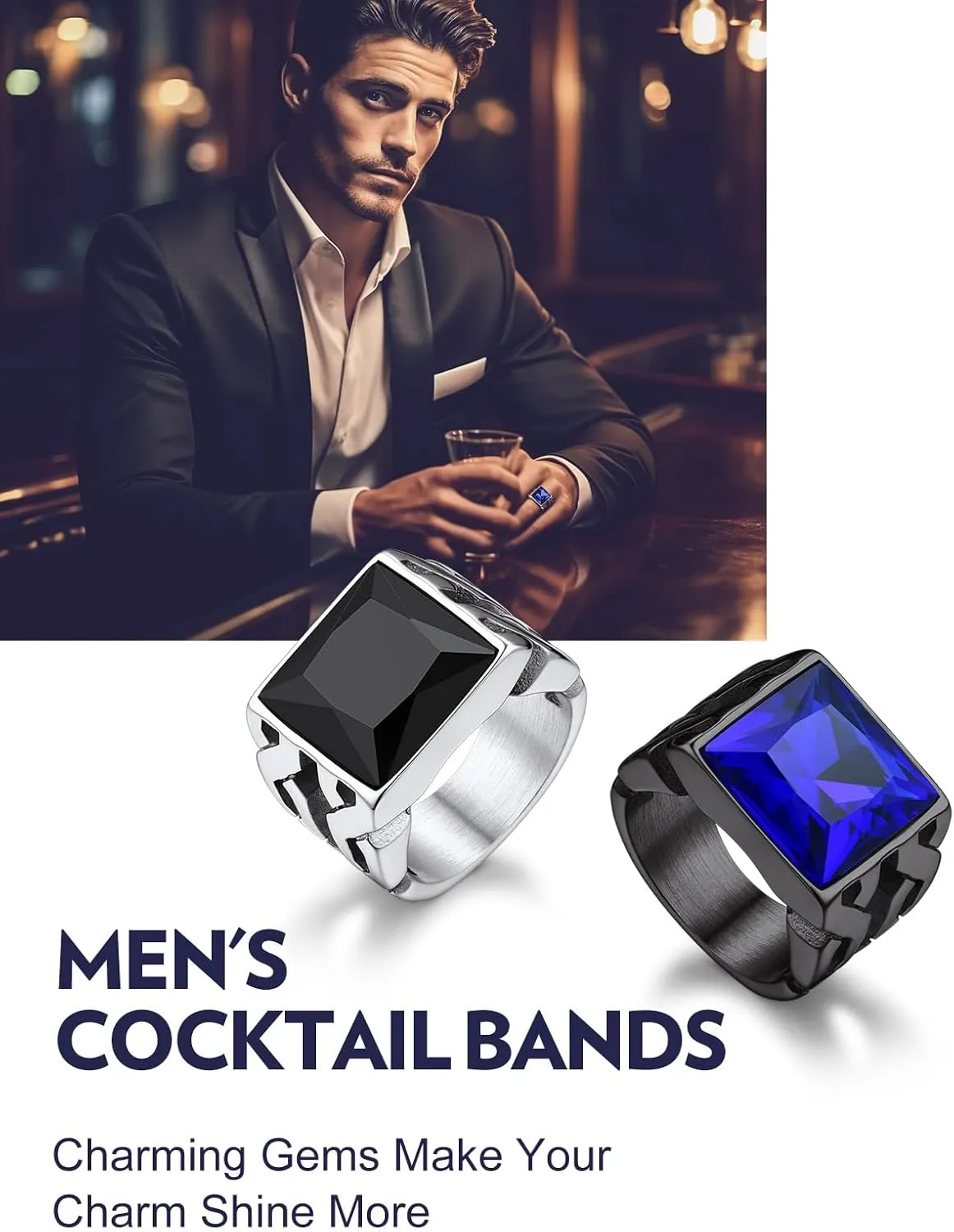 Bandmax Gemstone Signet Rings for Men, Stainless Steel Fancy Cut Cubic Zirconia Rings Blue Topaz/Emerald/Black Onyx/Ruby Ring Statement Ring Wedding Ring Size 7-14
