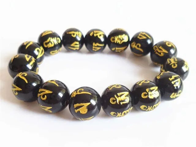 Black Carnelian Beaded Tibetan Buddhist Mantra Spiritual Bracelet