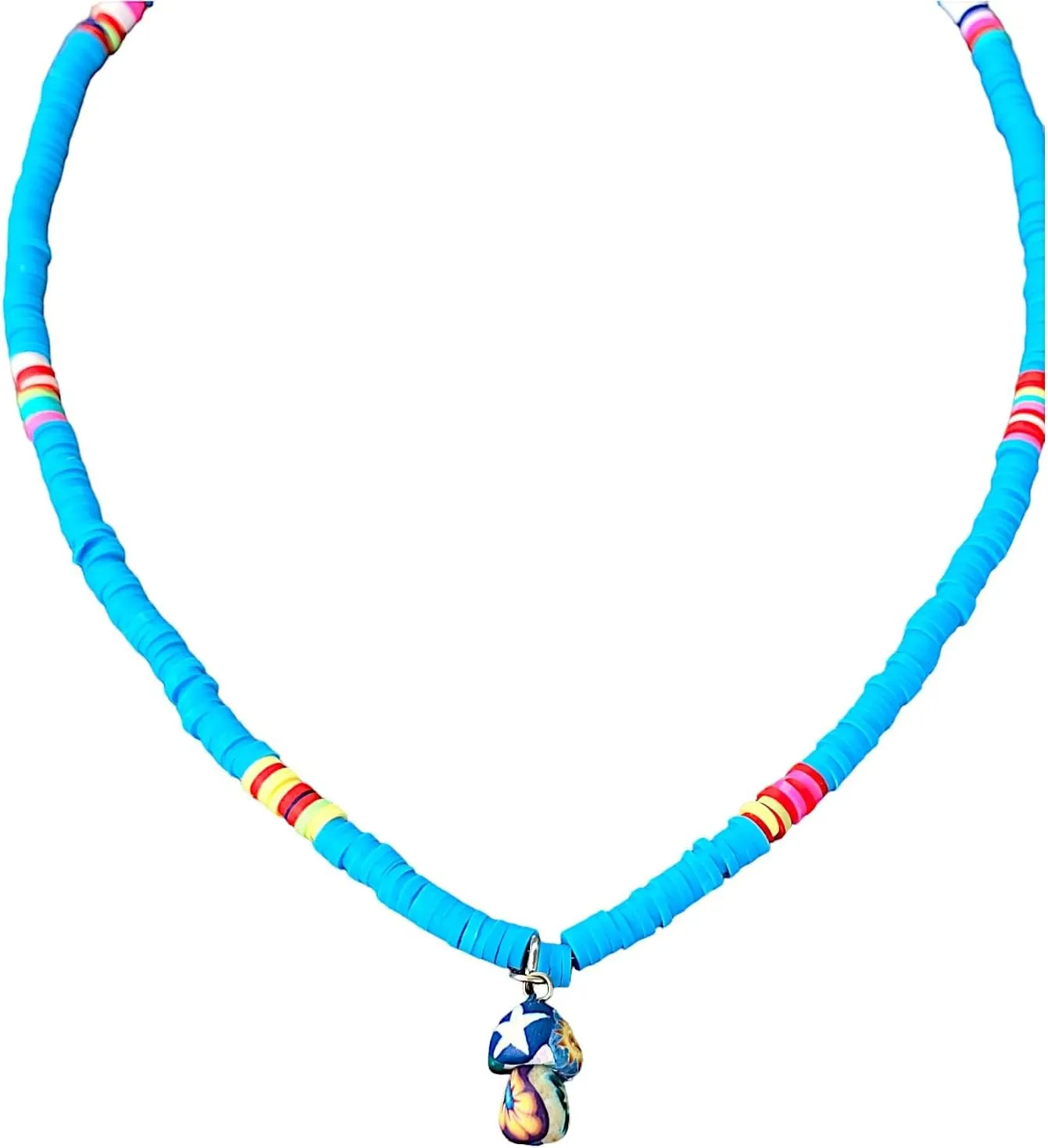 BlueRica Boho Fimo Mushroom Pendant on Vinyl Heishi Beaded Necklace