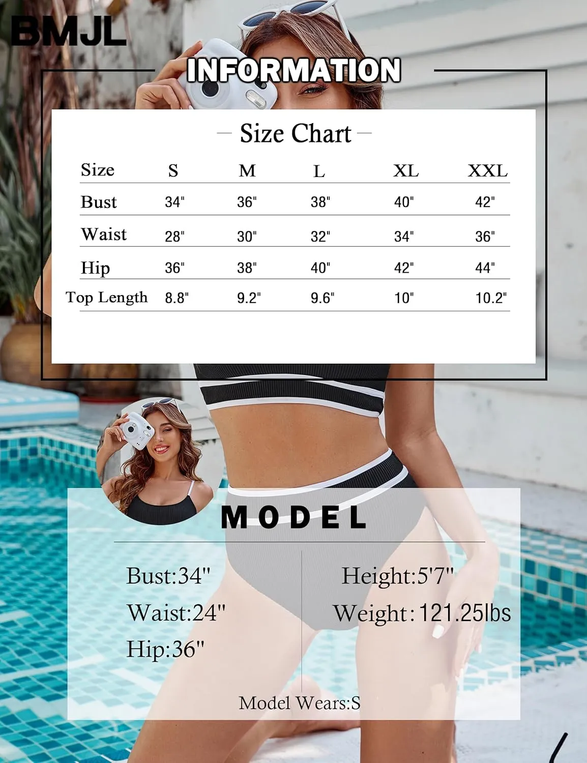 BMJL Women's High Waisted Bikini Ribbed Two Piece Swimsuit High Cut Color Block Adjustable Straps Bathing Suit