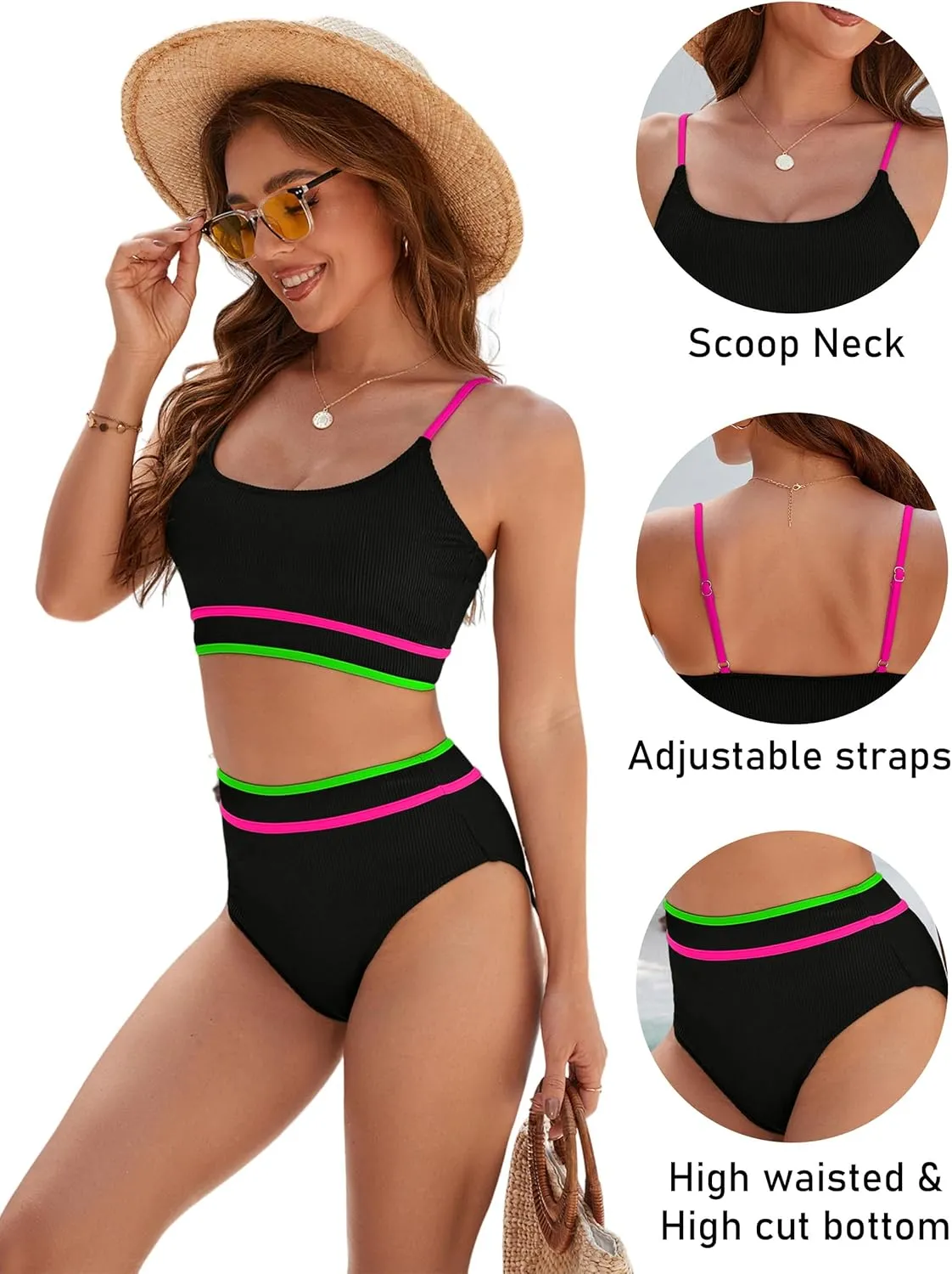 BMJL Women's High Waisted Bikini Ribbed Two Piece Swimsuit High Cut Color Block Adjustable Straps Bathing Suit