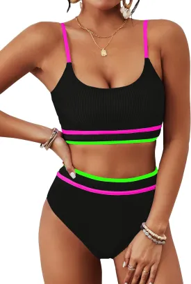 BMJL Women's High Waisted Bikini Ribbed Two Piece Swimsuit High Cut Color Block Adjustable Straps Bathing Suit