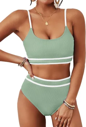 BMJL Women's High Waisted Bikini Ribbed Two Piece Swimsuit High Cut Color Block Adjustable Straps Bathing Suit