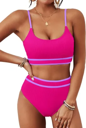 BMJL Women's High Waisted Bikini Ribbed Two Piece Swimsuit High Cut Color Block Adjustable Straps Bathing Suit
