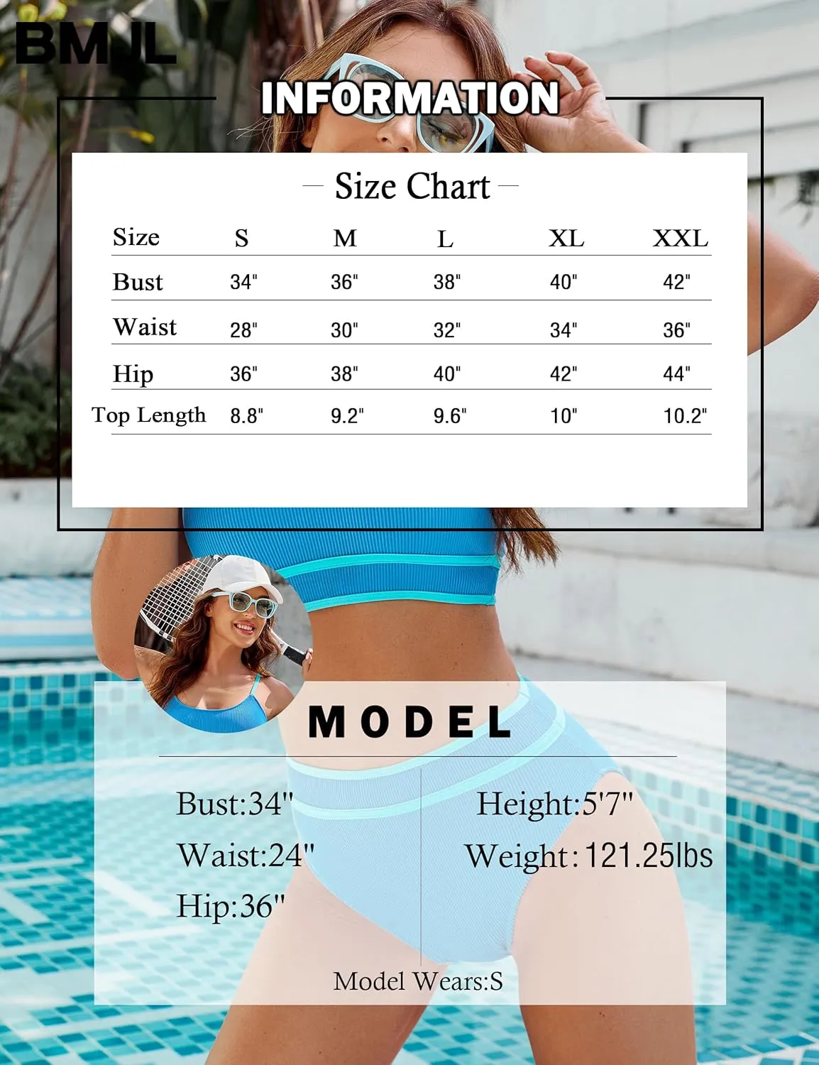 BMJL Women's High Waisted Bikini Ribbed Two Piece Swimsuit High Cut Color Block Adjustable Straps Bathing Suit