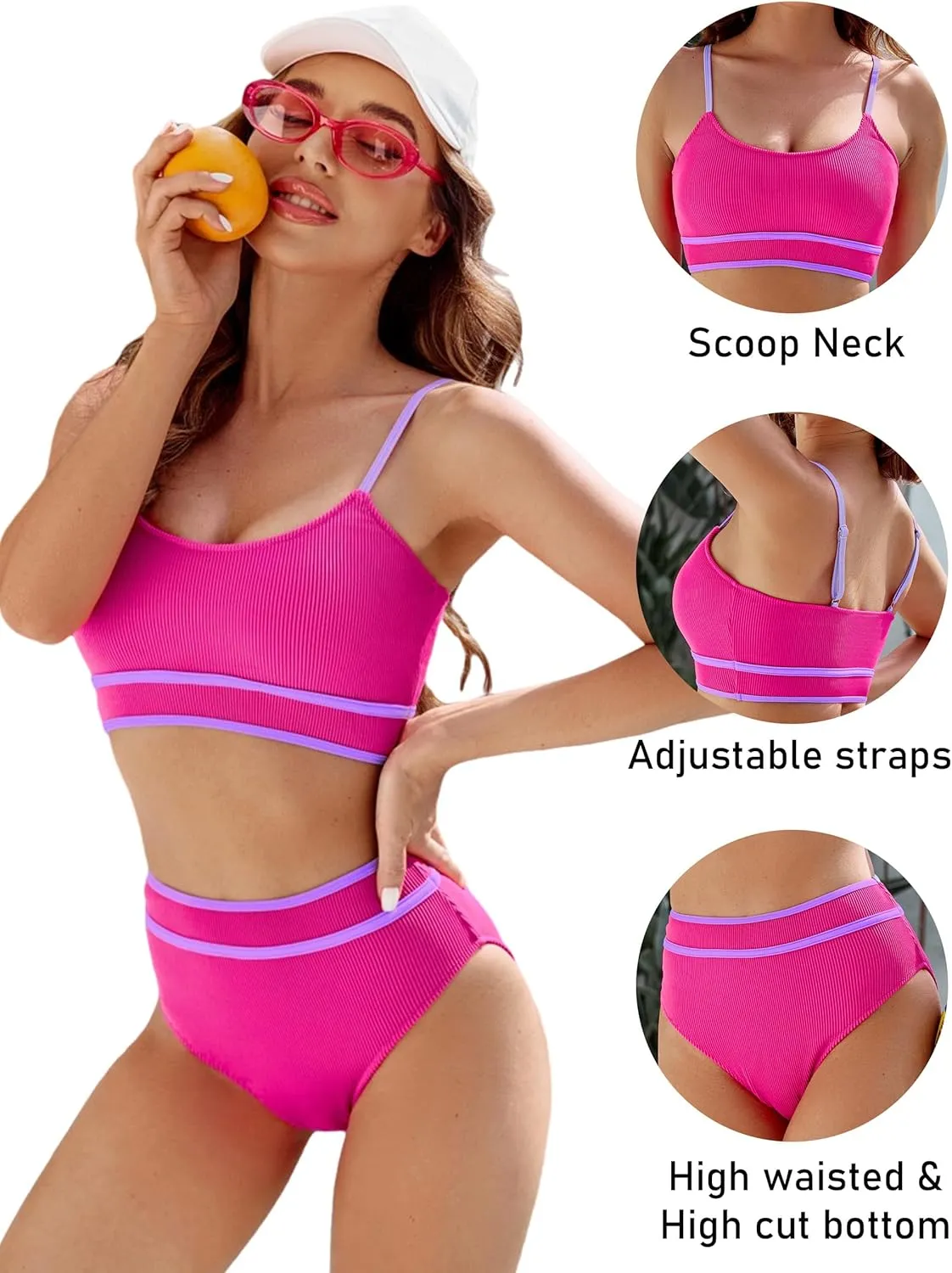 BMJL Women's High Waisted Bikini Ribbed Two Piece Swimsuit High Cut Color Block Adjustable Straps Bathing Suit
