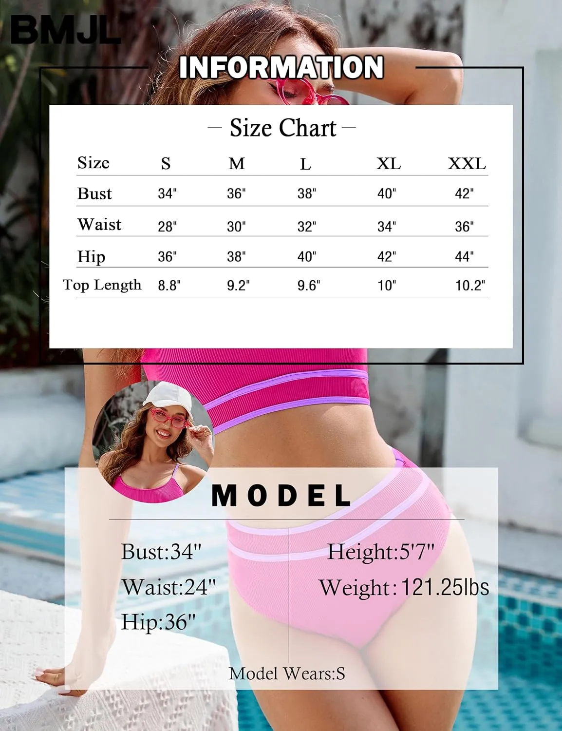 BMJL Women's High Waisted Bikini Ribbed Two Piece Swimsuit High Cut Color Block Adjustable Straps Bathing Suit