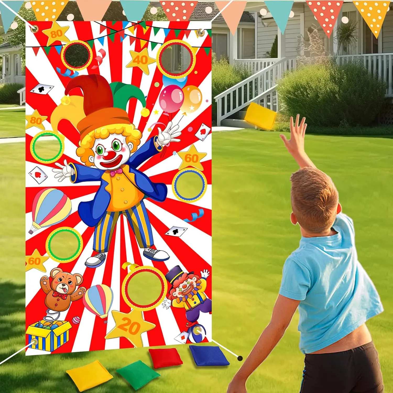 Carnival Toss Game Banner with 8 Bean Bags,Carnival Game Bean Bag Toss Games,Theme Party Decorations for Lawn Games Indoor Outdoor Activities Birthday Party